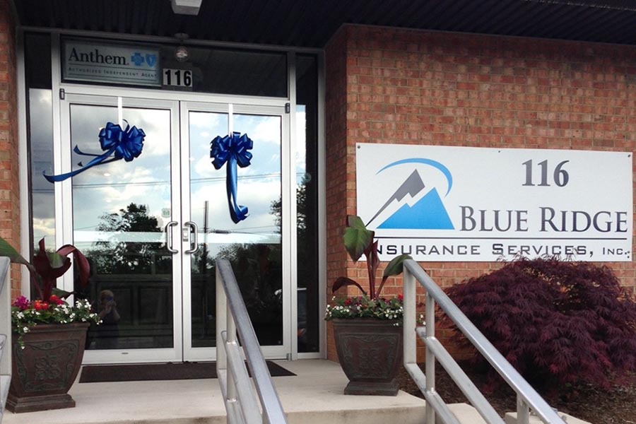 About Our Agency - Glass Front Doors of Blue Ridge Insurance Services in Harrisonburg, VA, Pots of Flowers on Steps Leading to Brick Building